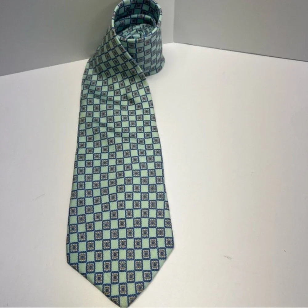 Bellinzona Silk Tie Mens Blue Grey Geometric Medallion Mint Green Hand Sewn USA